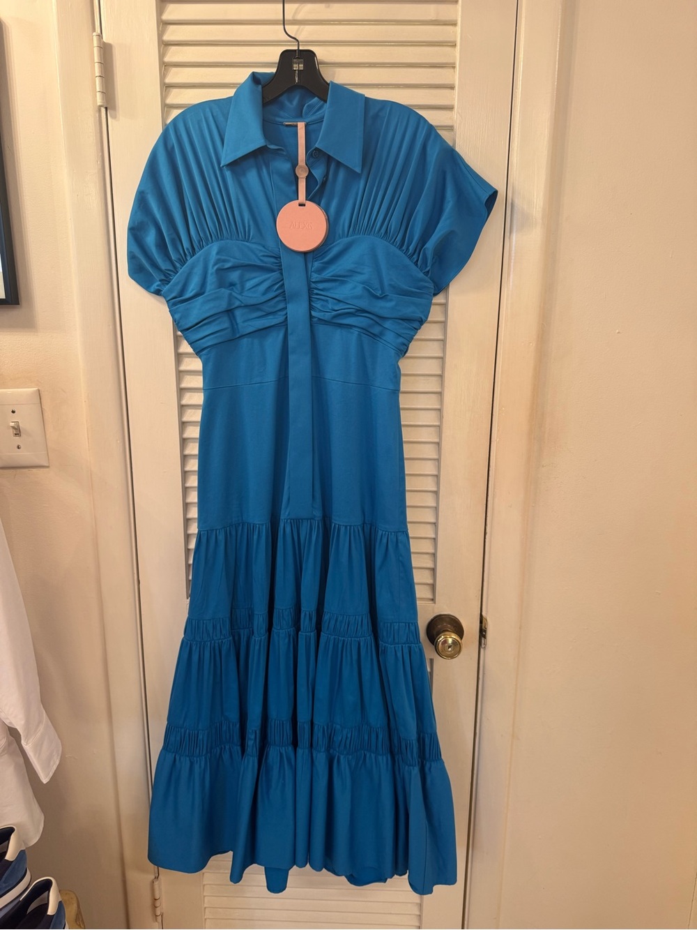 Alexis Turquoise Blue Tiered Midi Dress with Collared Neck Sz S (runs small) NWT